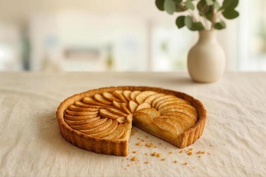 Delicious Apple Tart Missing a Wedge on a Table Indoors with a Light and Airy Atmosphere, Featuring a Decorative Vase in the Background and Soft Lighting photo