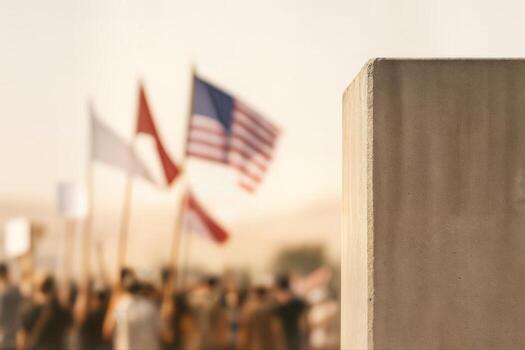 Protest Outdoors With Blurred Crowd Holding Flags Behind a Barrier Under Warm Natural Light With Shallow Depth Of Field Focused on the Wall photo