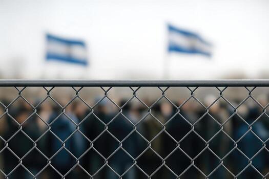 Protest Demonstration Attendees Behind A Chain Link Fence With Flags Blurred In The Background On A Cloudy Day With Shallow Depth Of Field photo