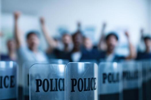 Police Shields Forming A Line With Protesters In The Background, Fists Raised In A Blurred Urban Setting With Shallow Depth Of Field photo