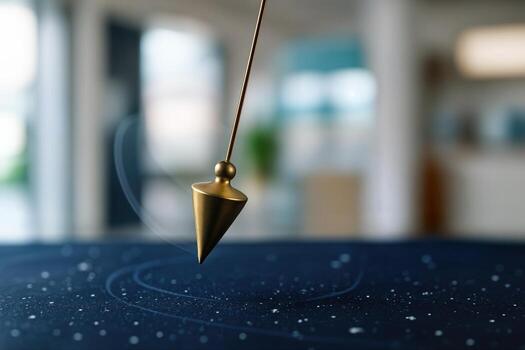 Pendulum Moving Over Starry Patterned Surface in Bright Interior Setting, Capturing Motion and Cosmic Design, Creating a Sense of Elegance and Mysticism photo