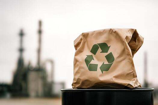 Recycling Bag Displayed on an Industrial Background Outdoors Highlighting Environmental Awareness With Shallow Depth of Field photo