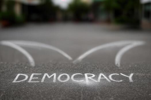 Chalk Drawing of the Word 'Democracy' on Asphalt with Arrow Symbols Outdoors, Featuring a Blurred Background for Conceptual Context With Shallow Depth Of Field photo