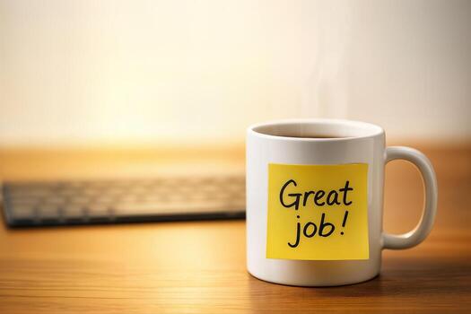 Coffee cup with a motivational note on a wooden desk next to a blurred keyboard, conveying a workspace atmosphere with warm lighting photo