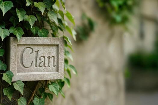 Roca placa con el palabra clan rodeado por verde hiedra hojas en un texturizado pared con superficial profundidad de campo en un sereno al aire libre ajuste foto