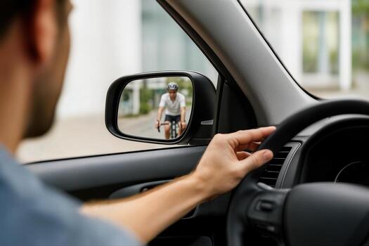 Side Mirror View Shows Cyclist Approaching From Behind As Driver Holds Steering Wheel Of Car In Urban Setting On A Clear Day With Shallow Depth Of Field photo