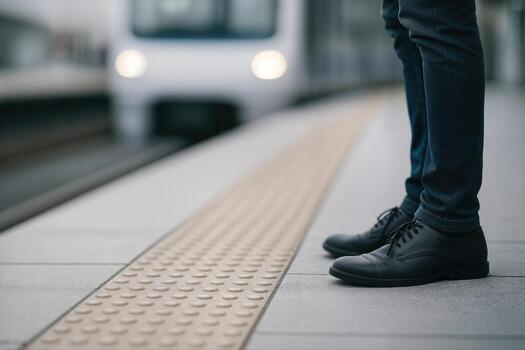 Train Platform Scene with Person Standing on Edge in Focus as Blurry Train Approaches in the Background During Daytime with Shallow Depth of Field photo