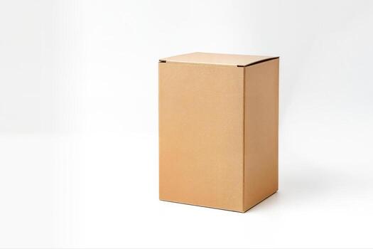 Cardboard Box Mockup In Minimalist Setting Against A White Background With Clean Lines And Symmetrical Composition Perfect For Product Display photo