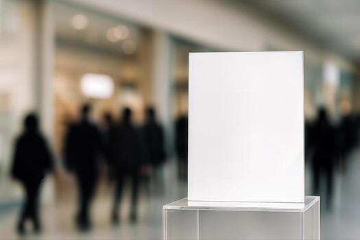 Mock-up of a Blank Acrylic Pedestal Display Stand Indoors With Blurred Background of a Busy Shopping Mall, Ideal for Product Presentation With Shallow Depth Of Field photo