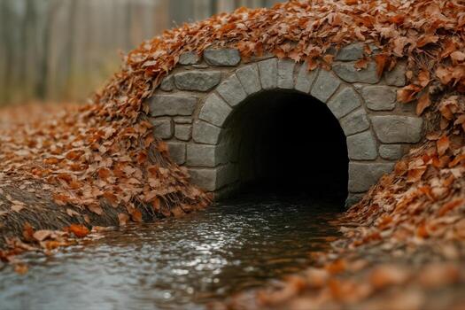 Autumn Culvert Surrounded by Fallen Leaves with a Stream Flowing Through a Rustic Stone Structure in a Forest Setting with Shallow Depth of Field photo