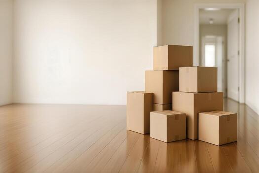 apilado Moviente cajas en un madera dura piso dominar un vacío Departamento interior, señalización reubicación y nuevo principios como calentar ligero Guías hacia un borroso pasillo, con superficial profundidad de campo foto