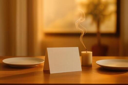 Elegant Dining Ambiance Featuring a Blank Tent Card on a Wooden Table With Plates and a Lit Candle in a Softly Lit Indoor Setting photo