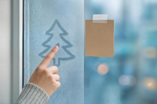 interior ajuste de un mano dibujo un árbol bosquejo en un escarchado ventana con un borroso antecedentes y un marrón Nota atascado a el vaso foto