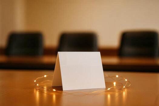 Table Tent Card Encircled By Warm String Lights Sits On A Conference Table, Offering Clean Copy Space For Event Seating Or Announcements In A Modern Office Boardroom, With Shallow Depth Of Field photo