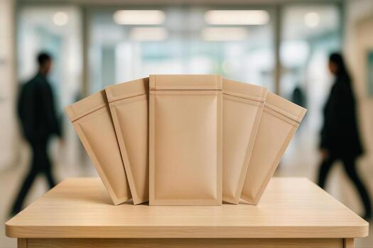 Kraft Stand Up Pouches Fan Across A Wooden Counter In A Bright Mall, Showcasing Sustainable Packaging As Shoppers Move In Soft Blur, Ideal For Branding Mockups With Shallow Depth Of Field photo