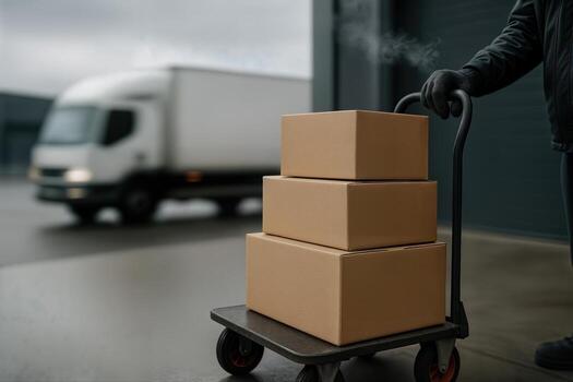 Loading Dock Scene With Worker Moving Cardboard Boxes On Trolley Near Truck Exterior During Overcast Day With Industrial Gray Background photo