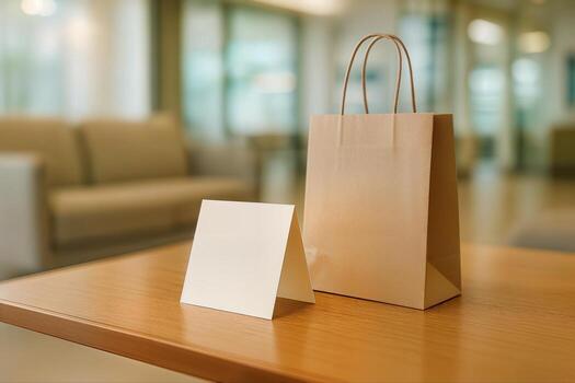 Table Tent Card Beside A Kraft Shopping Bag On A Wooden Counter In A Warm Store Interior, Providing Clean Copy Space For Pricing Or Pickup Notes, Captured With Shallow Depth Of Field photo