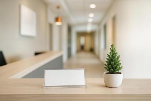 Blank Nameplate Sign On A Reception Desk Beside A Small Potted Evergreen, Framing Clear Copy Space For Visitor Checkin Or Notices In A Modern Office Lobby, Captured With Blurred Background photo