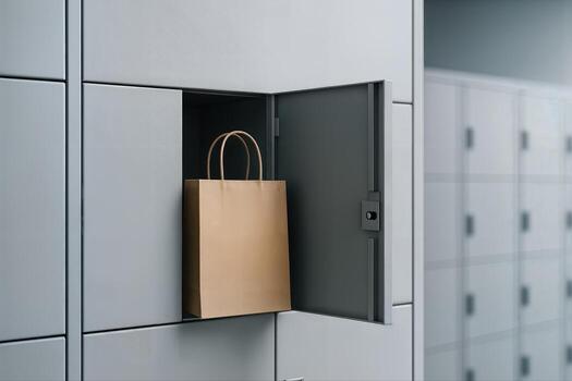 A Locker with a Brown Paper Bag Partially Visible in an Open Compartment in a Modern Indoor Setting with Grey Metallic Finish photo