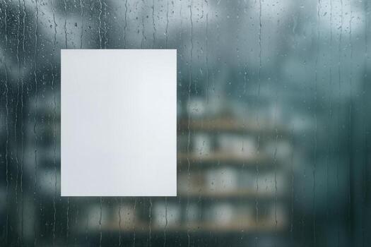 lluvioso ventana escena con distinto gotas de lluvia y un blanco papel adjunto, creando un temperamental resumen fondo, Perfecto para estacional temas foto