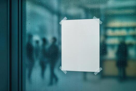 Window With Raindrops Featuring Paper Taped On Glass Showing Blurred Silhouettes Of People Indoors Creating A Dreamlike Atmosphere photo