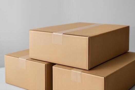 Sealed Boxes Stacked Indoors Against a Plain Background in a Minimalist Composition Highlighting Simple Packaging Design and Neat Arrangement photo