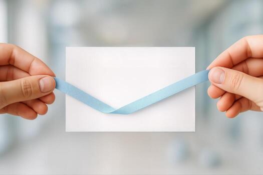 Mockup White Card Decorated with a Blue Ribbon in a Bright Indoor Setting with a Soft Focus Background photo