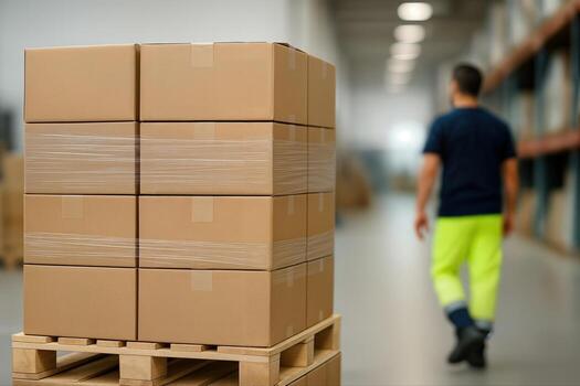 Warehouse Scene Showing Stacked Cardboard Boxes On Pallet With Worker Walking In The Background In A Bright Industrial Setting photo