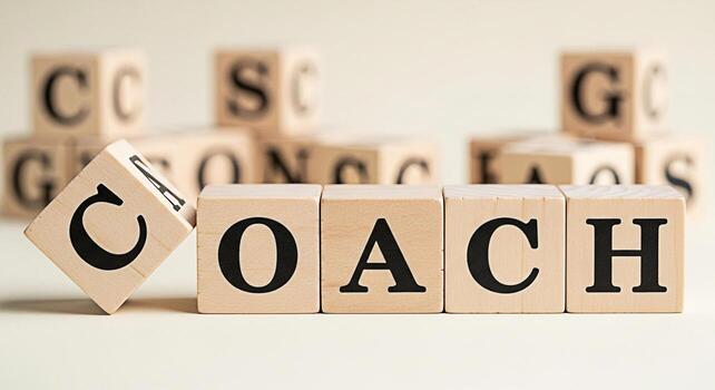 Wooden blocks spelling COACH on a neutral surface symbolizing guidance and support in a learning environment promoting a motivational and inspirational mood for personal or professional development photo