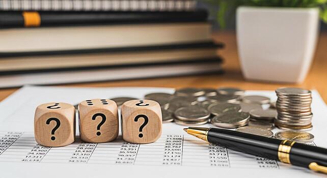 Wooden dice displaying question marks resting on financial documents with coins and a pen symbolizing investment uncertainty and financial planning challenges in a business setting creating a pensive photo