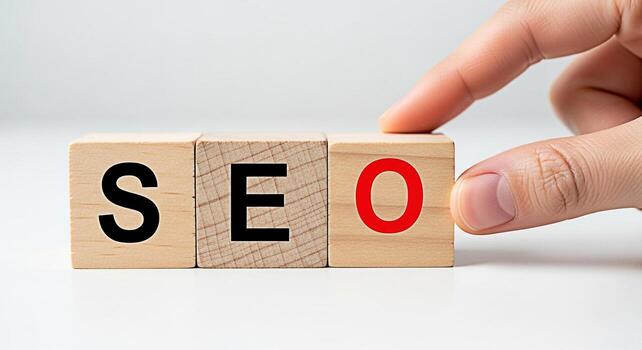 A hand positioning wooden blocks spelling SEO on a white surface symbolizing search engine optimization strategies and the importance of online visibility for business growth and success in digital ma photo