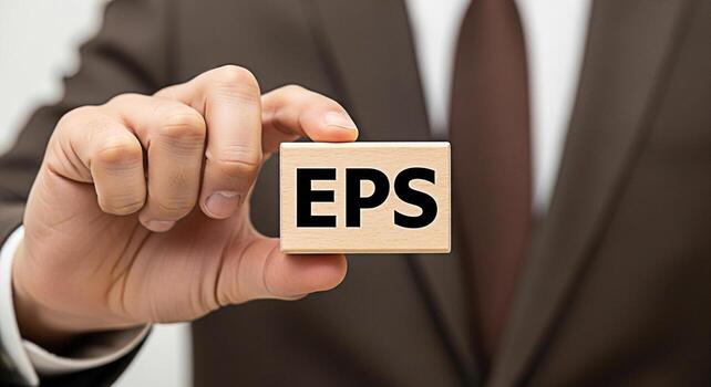 Closeup of a businessman holding a wooden block with the letters EPS in a neutral setting symbolizing earnings per share and financial performance with a focus on business and investment strategies photo
