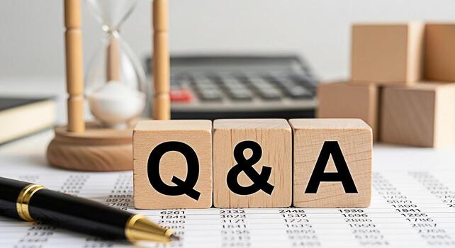 Conceptual shot of wooden blocks spelling out Q A on a financial report with a pen calculator and hourglass in the background representing questions and answers in business and time management photo
