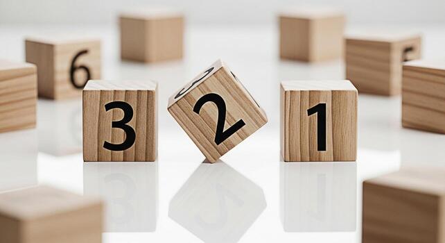 Wooden number blocks displaying numbers one two three and six on a white reflective surface representing counting learning and early childhood education in a clean and minimalist setting photo