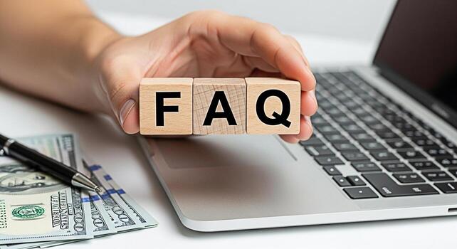 Hand holding wooden blocks spelling FAQ on a laptop keyboard in a bright office setting symbolizing readily available information and customer support for online services and business solutions promot photo