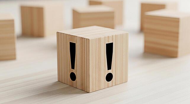 Wooden cube displaying exclamation marks on a bright surface symbolizing urgency and attention to detail in a minimalist and clean environment conveying a sense of importance and critical information photo