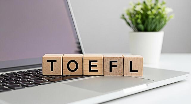TOEFL wooden blocks displayed on a laptop keyboard in a bright minimalist workspace symbolizing preparation and success in English language proficiency testing for academic and professional opportunit photo
