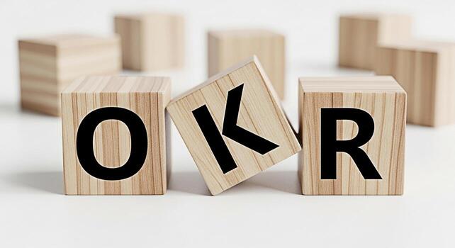Wooden blocks spelling out OKR on a white surface representing Objectives and Key Results a goalsetting framework used in business management conveying a sense of focus and strategic planning photo