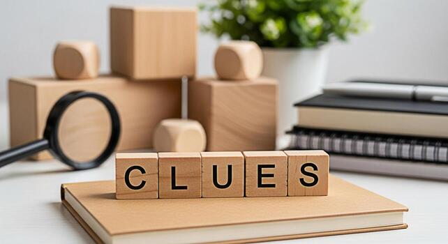Wooden blocks spelling CLUES resting on a notebook in a bright studio setting with a magnifying glass and wooden blocks in the background conveying a sense of mystery and investigation photo