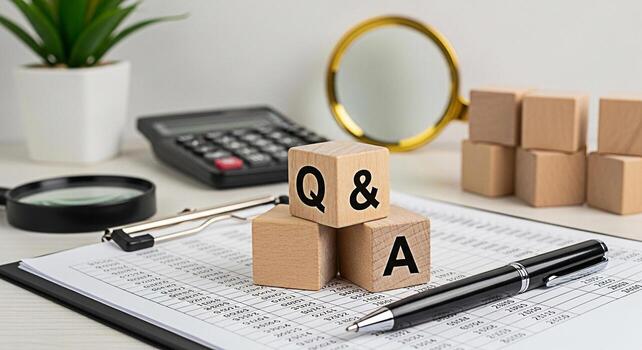 Wooden blocks displaying Q A on a financial report symbolizing questions and answers in business with a calculator magnifying glass and pen on a white desk creating a professional and analytical atmos photo