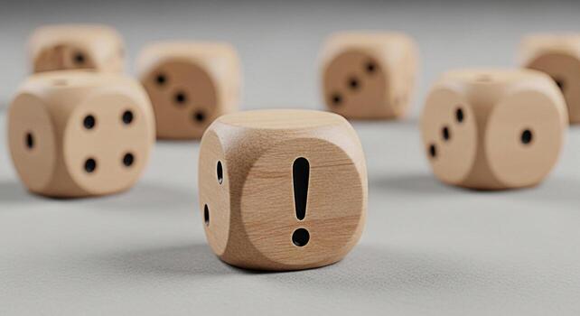 Wooden dice displaying an exclamation mark on a neutral surface symbolizing a moment of surprise and uncertainty creating a sense of anticipation and potential risk in a game of chance photo