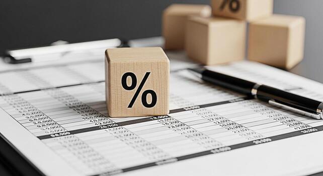 Wooden block displaying a percentage sign resting on a financial report with a pen symbolizing interest rates investment analysis and economic trends in a professional and analytical setting photo
