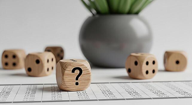 Wooden dice displaying a question mark on a financial spreadsheet in a bright office setting representing uncertainty in business investment risk and the need for strategic planning and decisionmaking photo