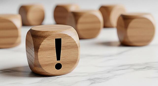 Wooden dice displaying an exclamation point on a marble surface symbolizing attention and warning creating a sense of urgency and importance in a clean minimalist setting photo