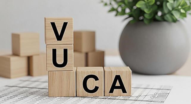 Wooden blocks spelling VUCA on financial document in a bright office representing Volatility Uncertainty Complexity and Ambiguity in business strategy and risk management with a sense of challenge photo