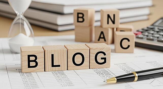 Wooden blocks spelling BLOG on a financial report symbolizing business analysis and consulting with an hourglass and calculator in the background creating a timesensitive and analytical atmosphere photo