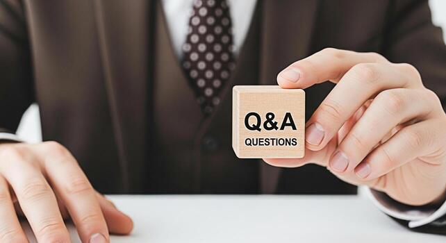 Professional businessman holding a wooden block with QA questions in a bright office symbolizing clarity and guidance for problemsolving and decisionmaking in a corporate environment photo
