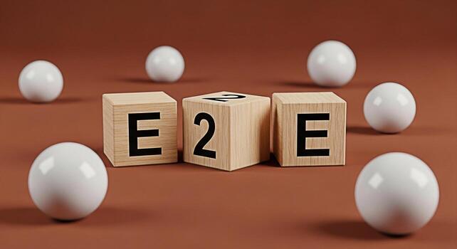 de madera bloques ortografía e2e en un marrón superficie rodeado por blanco esferas representando de extremo a extremo cifrado y seguro comunicación en un minimalista y moderno ajuste transporte confiar y fiabilidad foto