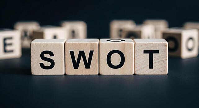 Wooden blocks displaying SWOT analysis on a dark surface representing strategic planning and business development conveying a sense of analytical thinking and problemsolving in a corporate environment photo