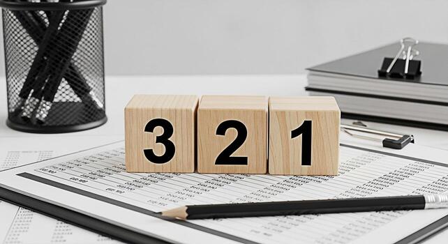 Wooden number blocks displaying 321 on a financial spreadsheet in a bright office setting symbolizing countdown planning and achieving goals with precision and focus photo